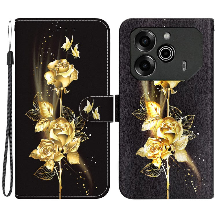 For TECNO Pova 6 5G / 6 Pro 5G Wallet Phone Case Pattern Print Leather Stand Cover - Gold Butterfly Rose
