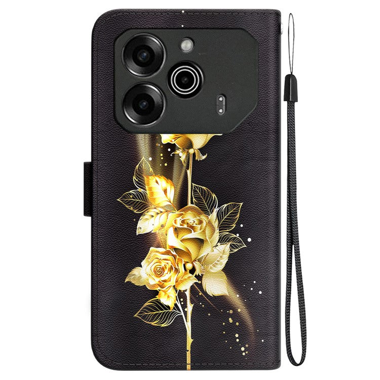 For TECNO Pova 6 5G / 6 Pro 5G Wallet Phone Case Pattern Print Leather Stand Cover - Gold Butterfly Rose