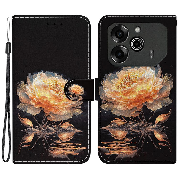 For TECNO Pova 6 5G / 6 Pro 5G Wallet Phone Case Pattern Print Leather Stand Cover - Gold Peony