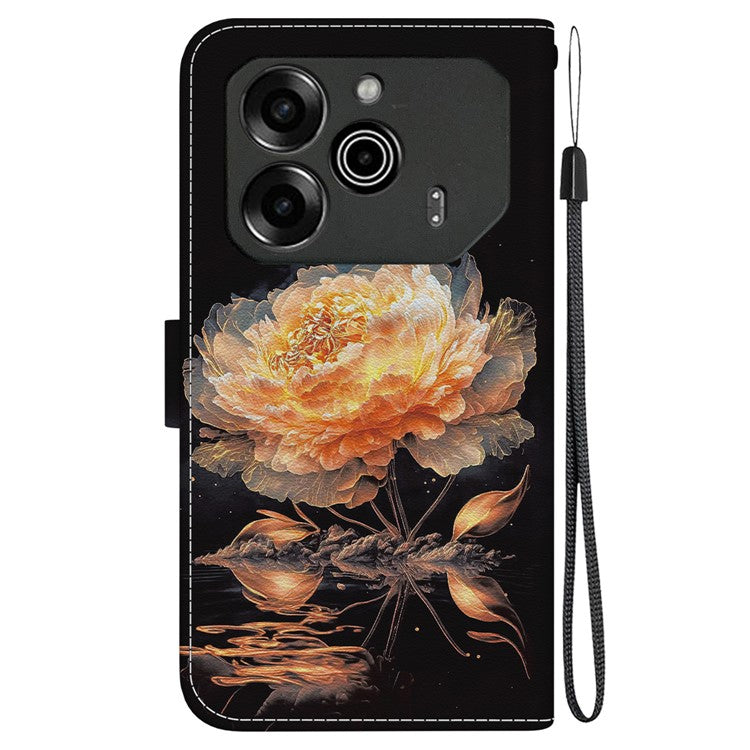 For TECNO Pova 6 5G / 6 Pro 5G Wallet Phone Case Pattern Print Leather Stand Cover - Gold Peony