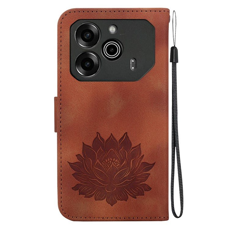 For TECNO Pova 6 5G / 6 Pro 5G Case with Wrist Strap Lotus Imprint Leather Wallet Phone Cover - Brown