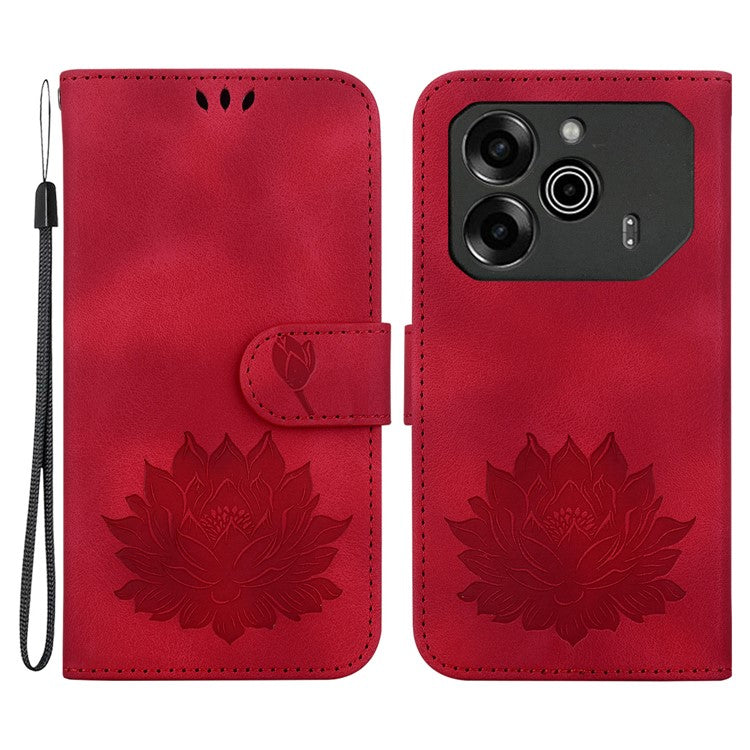For TECNO Pova 6 5G / 6 Pro 5G Case with Wrist Strap Lotus Imprint Leather Wallet Phone Cover - Red