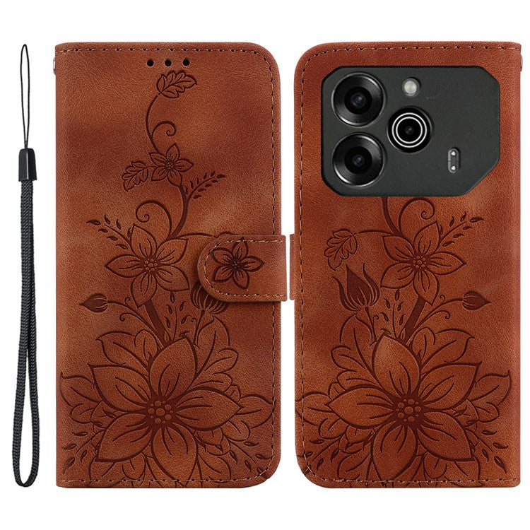 For TECNO Pova 6 5G / 6 Pro 5G Wallet Phone Case Lily Imprint Scratch-Proof Leather Flip Cover - Brown
