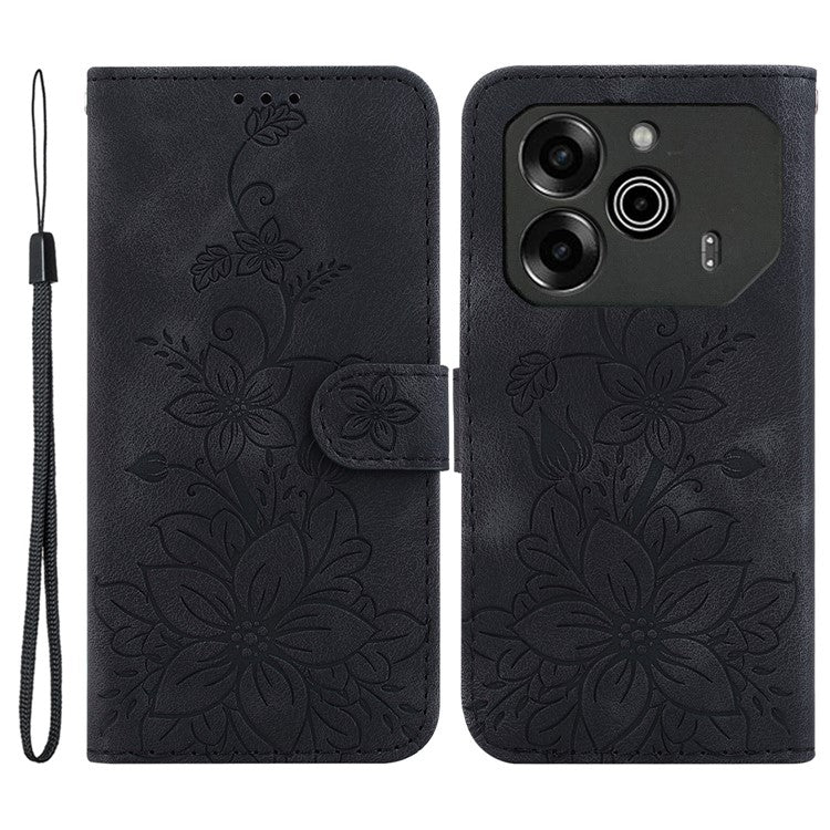 For TECNO Pova 6 5G / 6 Pro 5G Wallet Phone Case Lily Imprint Scratch-Proof Leather Flip Cover - Black