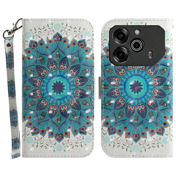 For TECNO Pova 6 5G / 6 Pro 5G Wallet Case Pattern Print PU Leather Phone Cover with Stand - Peacock Wreath