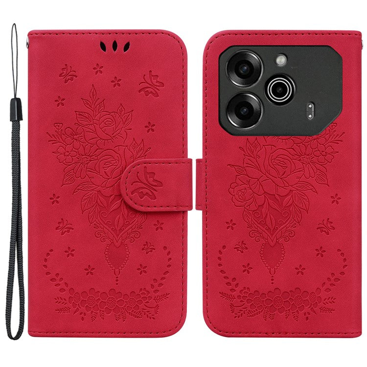 For TECNO Pova 6 5G / 6 Pro 5G Case Butterfly Rose Imprint Leather Phone Cover Wallet Stand - Red
