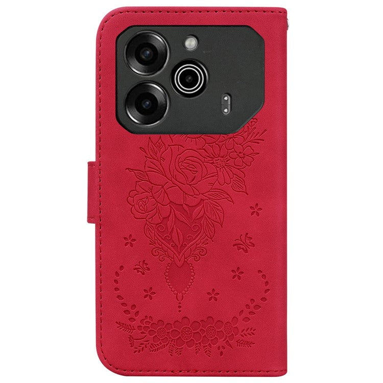 For TECNO Pova 6 5G / 6 Pro 5G Case Butterfly Rose Imprint Leather Phone Cover Wallet Stand - Red
