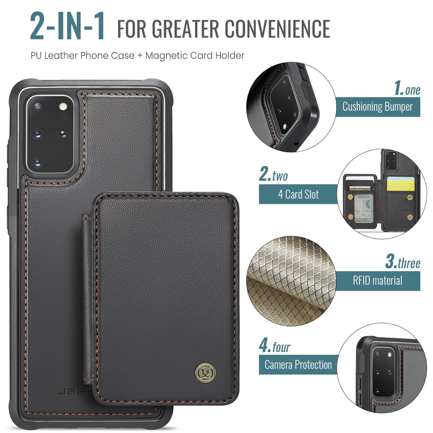JEEHOOD J05 For Samsung Galaxy S20 Plus 5G / 4G Magnetic Case PU+TPU Phone Cover Card Holder Kickstand - Black