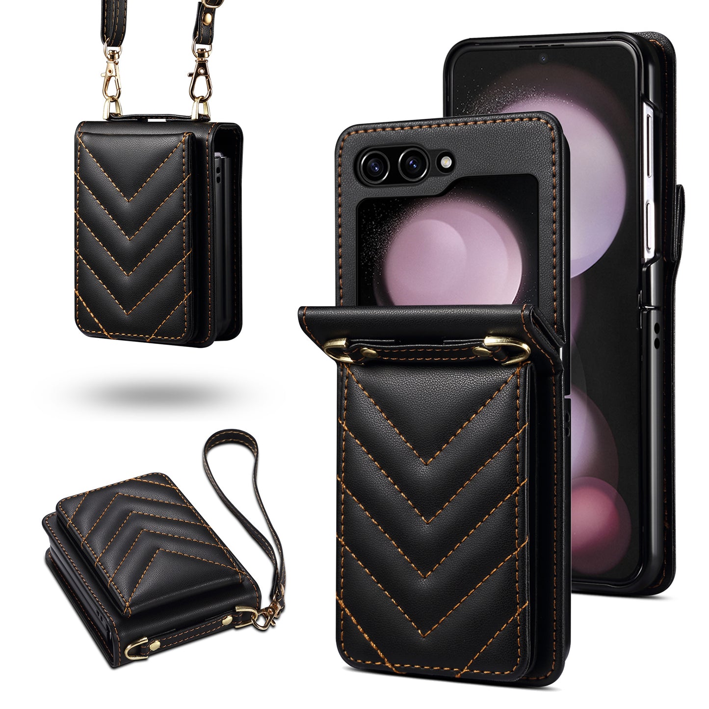 For Samsung Galaxy Z Flip6 5G Case PU Leather+PC Crossbody Phone Cover with Card Holder - Black