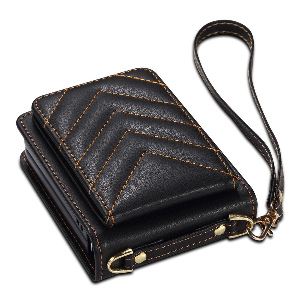 For Samsung Galaxy Z Flip7 FE 5G / Z Flip6 5G Case PU Leather+PC Crossbody Phone Cover with Card Holder - Black