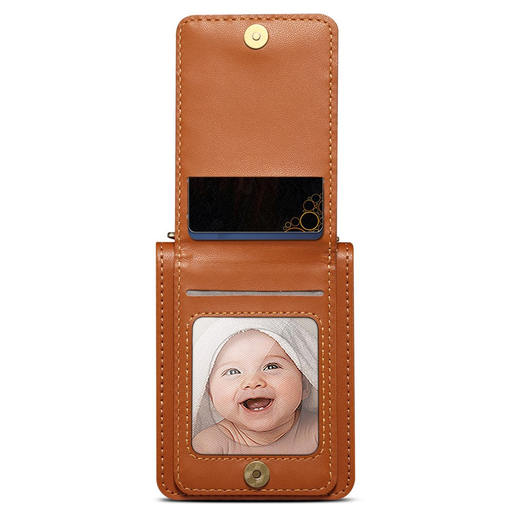 For Samsung Galaxy Z Flip7 FE 5G / Z Flip6 5G Case PU Leather+PC Crossbody Phone Cover with Card Holder - Brown