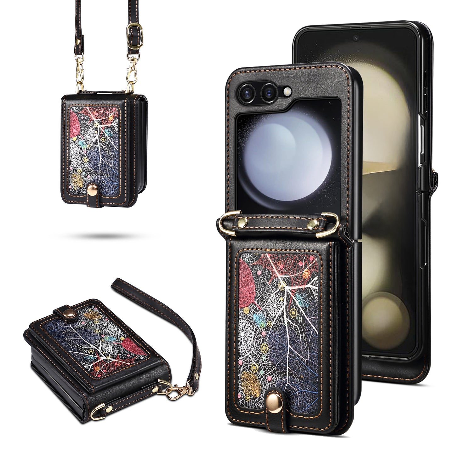 For Samsung Galaxy Z Flip6 5G Case Leather+PC Phone Cover with Card Holder Long Strap - Black