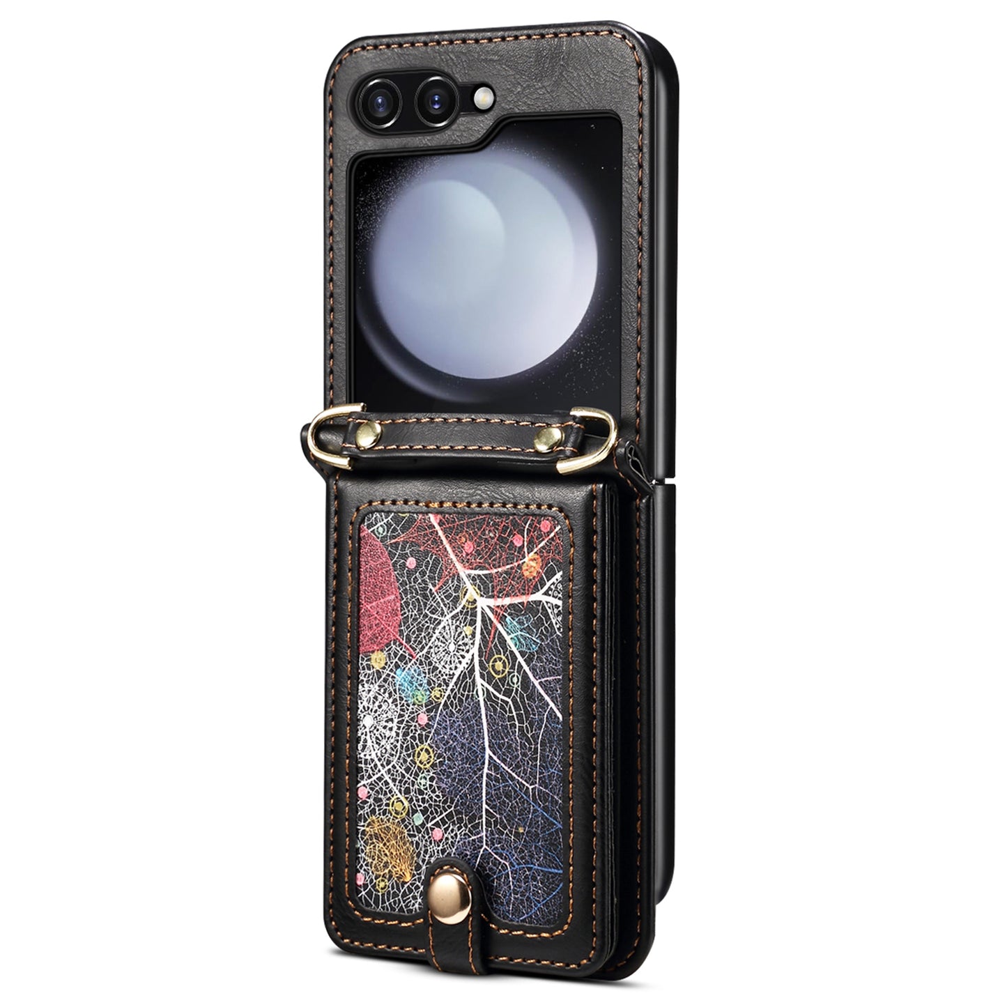 For Samsung Galaxy Z Flip6 5G Case Leather+PC Phone Cover with Card Holder Long Strap - Black