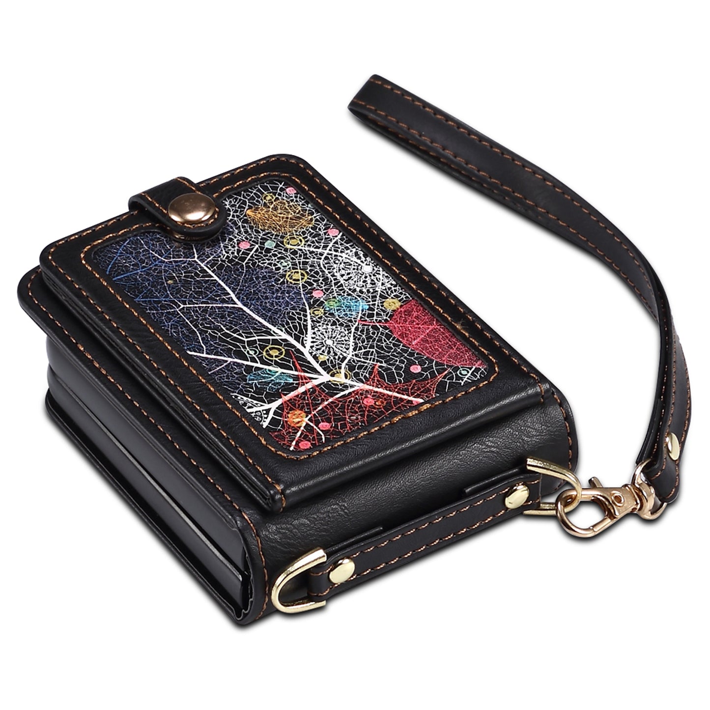 For Samsung Galaxy Z Flip6 5G Case Leather+PC Phone Cover with Card Holder Long Strap - Black