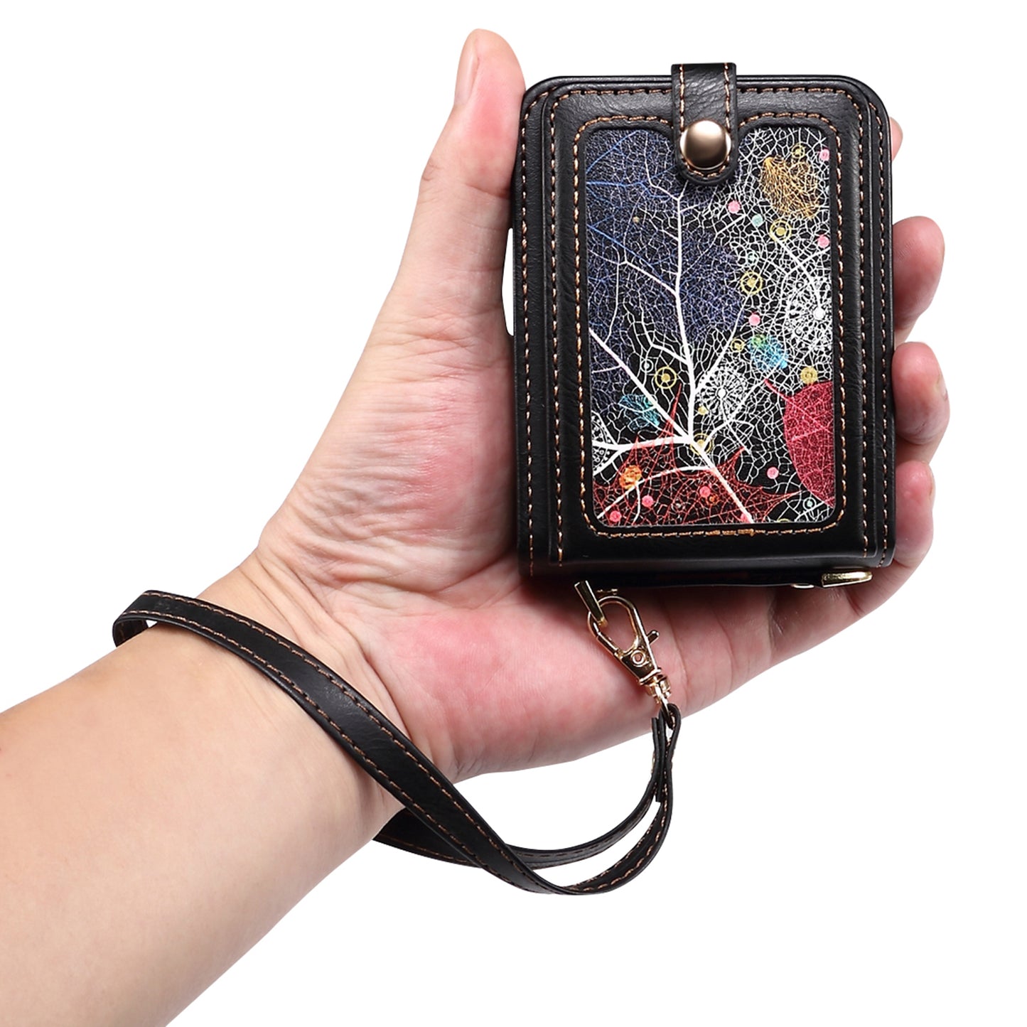 For Samsung Galaxy Z Flip6 5G Case Leather+PC Phone Cover with Card Holder Long Strap - Black