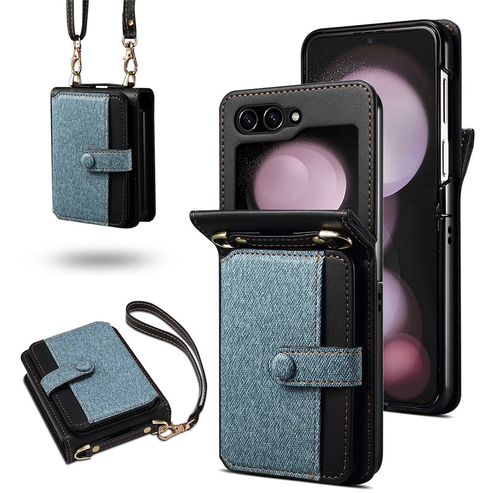 For Samsung Galaxy Z Flip7 FE 5G / Z Flip6 5G Case Splicing Color Leather Phone Cover with Card Slot Holder Lanyard - Blue