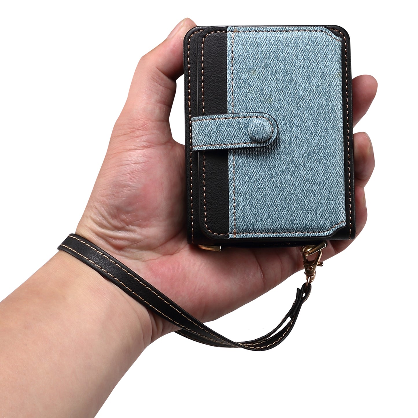 For Samsung Galaxy Z Flip6 5G Case Splicing Color Leather Phone Cover with Card Slot Holder Lanyard - Blue