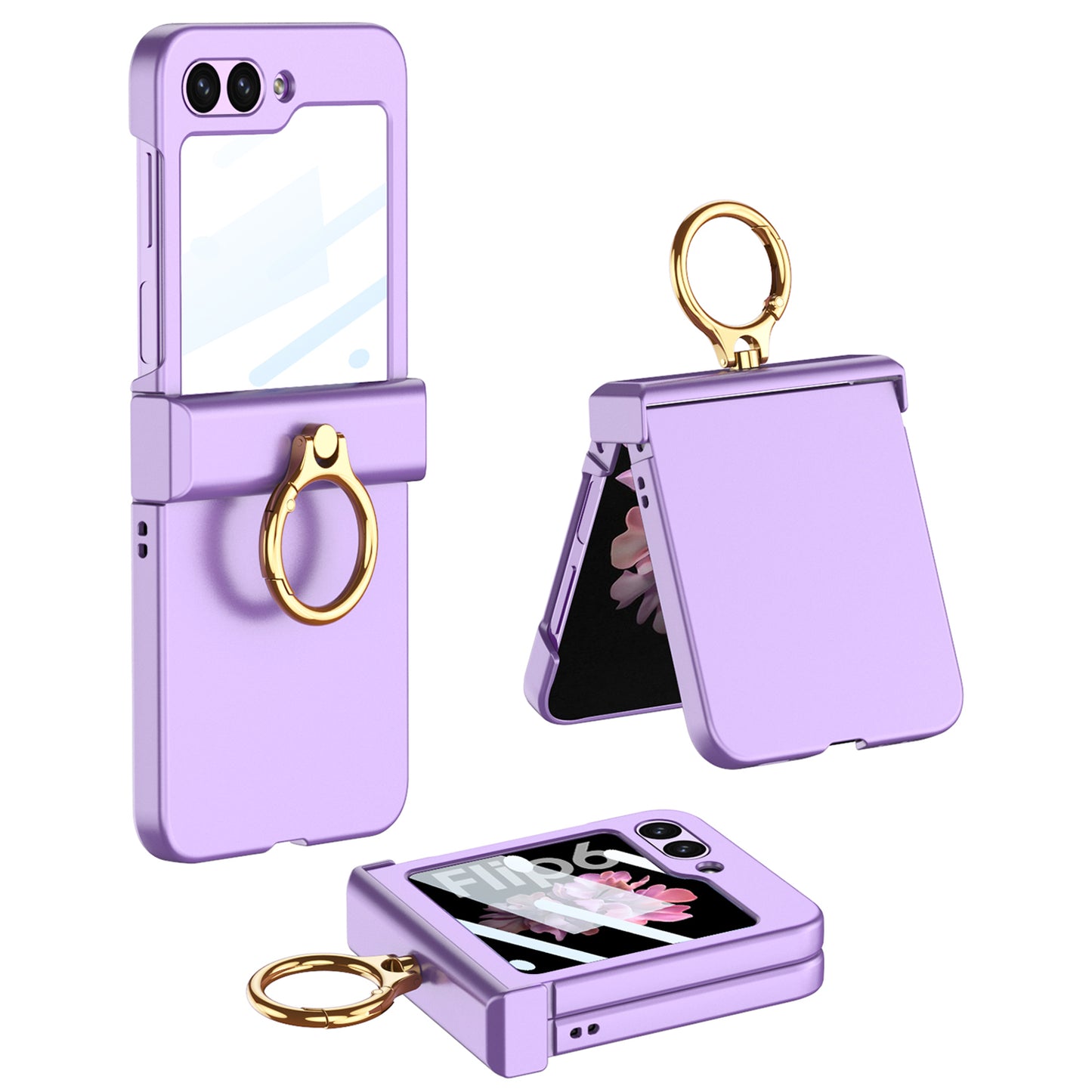 GKK For Samsung Galaxy Z Flip6 5G Slim Phone Case PC Cover with Ring Holder+Tempered Glass Film - Purple
