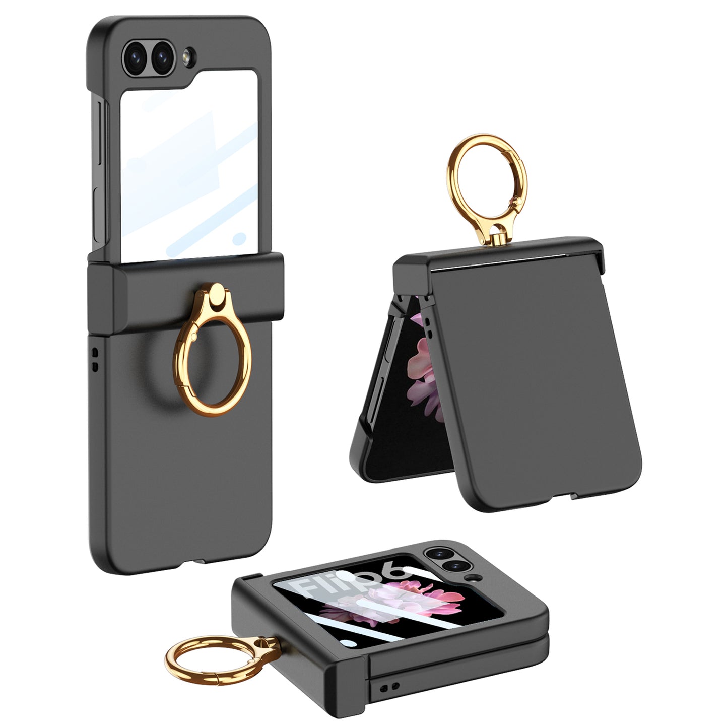 GKK For Samsung Galaxy Z Flip6 5G Slim Phone Case PC Cover with Ring Holder+Tempered Glass Film - Black
