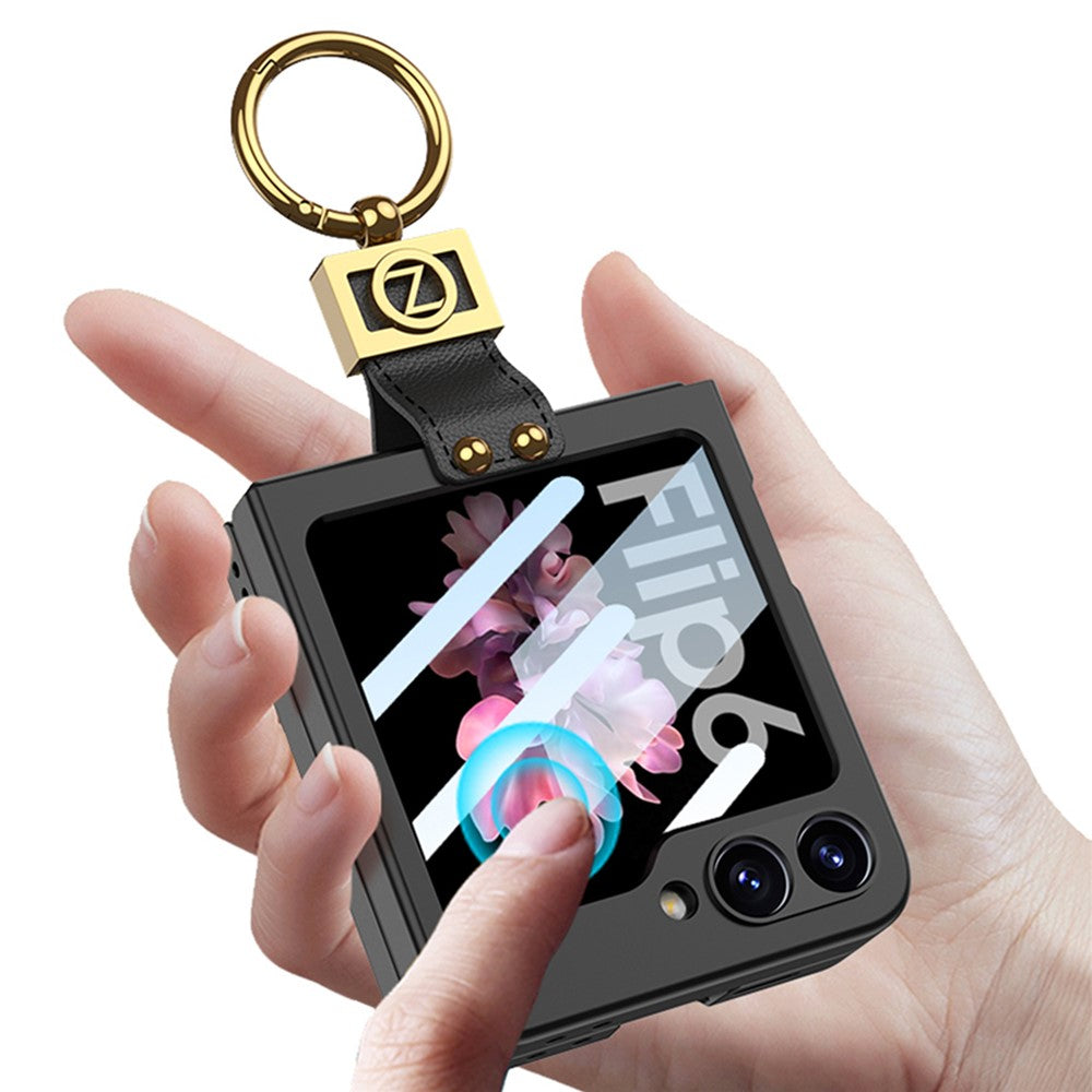 GKK For Samsung Galaxy Z Flip7 FE 5G / Z Flip6 5G PC Phone Case with Ring Holder+Tempered Glass Front Screen Film - Black