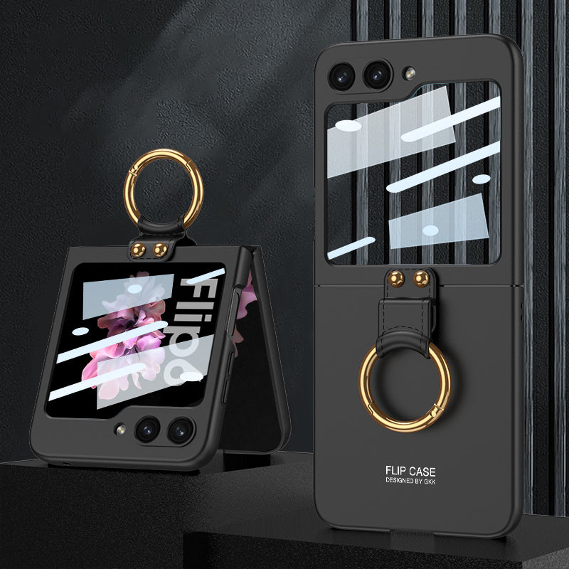 GKK For Samsung Galaxy Z Flip6 5G Case PC Phone Cover with Ring Holder+Tempered Glass Back Screen Film - Black
