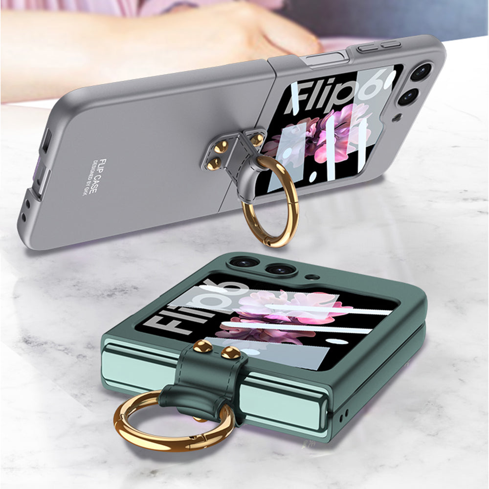 GKK For Samsung Galaxy Z Flip6 5G Case PC Phone Cover with Ring Holder+Tempered Glass Back Screen Film - Green