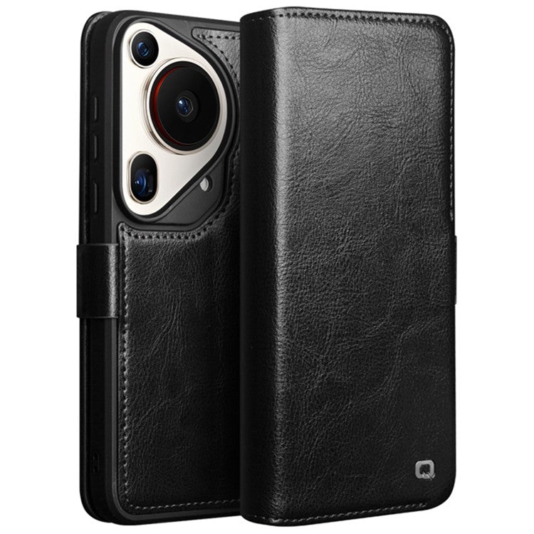 QIALINO For Huawei Pura 70 Ultra Wallet Case Genuine Cow Leather Flip Phone Cover - Black