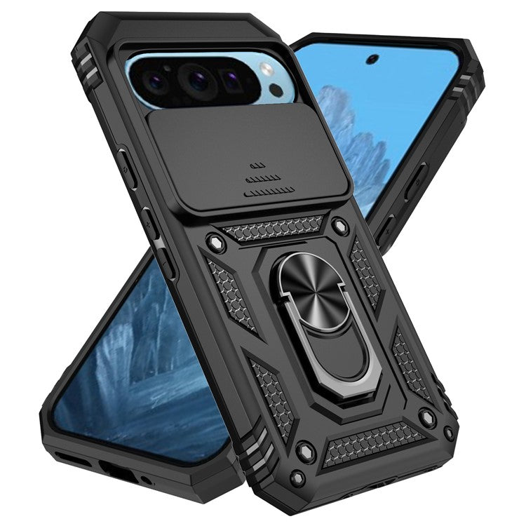 For Google Pixel 9 / 9 Pro Case Camera Protection PC+TPU Phone Cover with Kickstand - Black