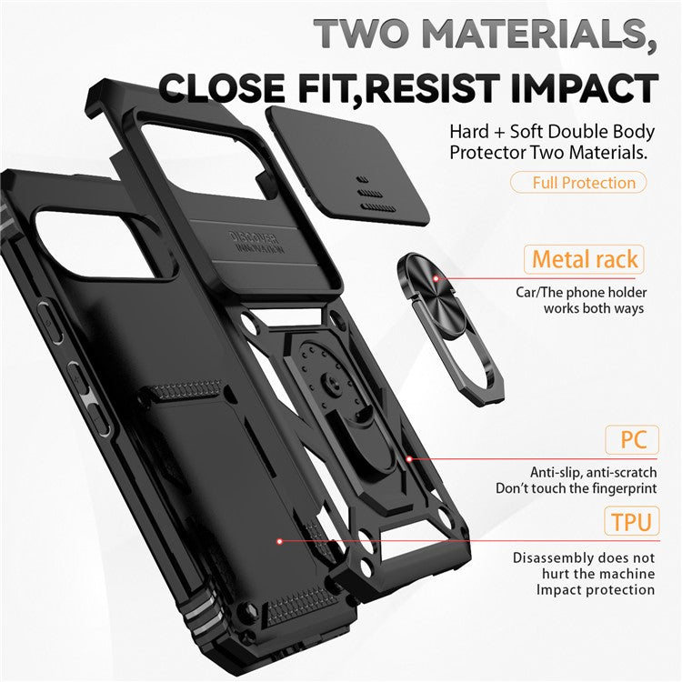 For Google Pixel 9 / 9 Pro Case Camera Protection PC+TPU Phone Cover with Kickstand - Black