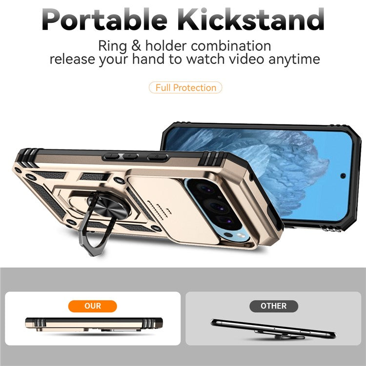 For Google Pixel 9 / 9 Pro Case Camera Protection PC+TPU Phone Cover with Kickstand - Gold