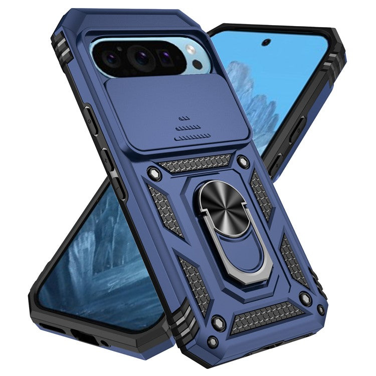 For Google Pixel 9 / 9 Pro Case Camera Protection PC+TPU Phone Cover with Kickstand - Blue