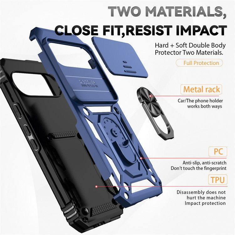 For Google Pixel 9 / 9 Pro Case Camera Protection PC+TPU Phone Cover with Kickstand - Blue