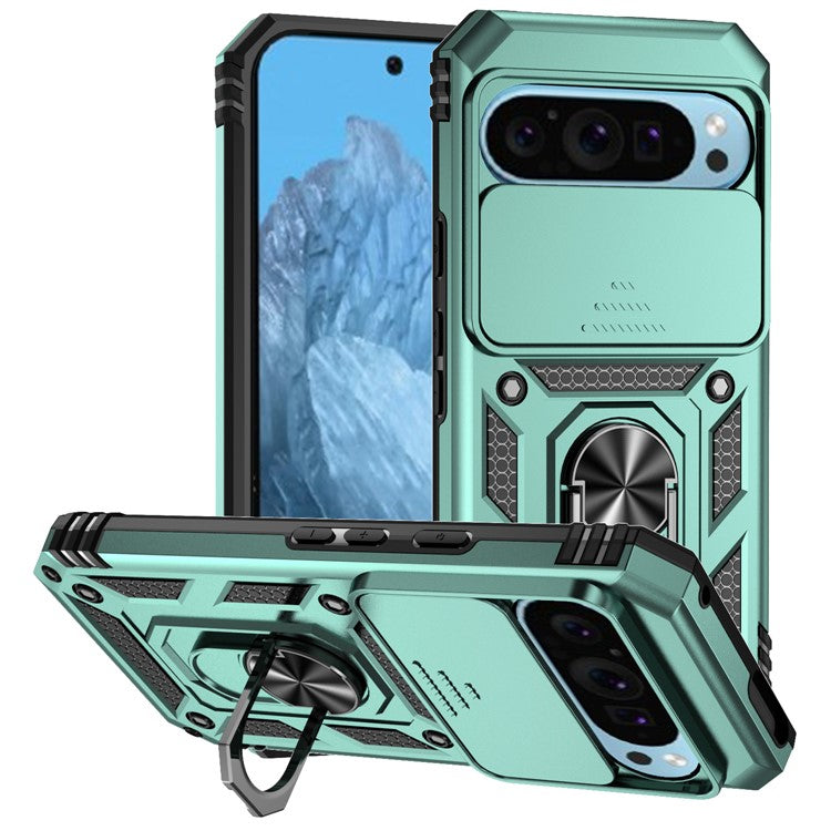 For Google Pixel 9 / 9 Pro Case Camera Protection PC+TPU Phone Cover with Kickstand - Blackish Green