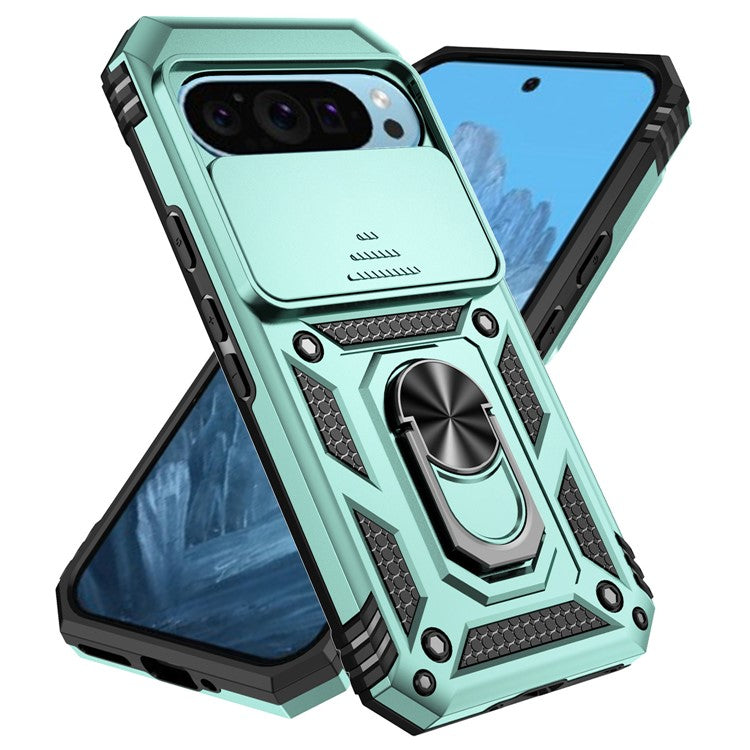 For Google Pixel 9 / 9 Pro Case Camera Protection PC+TPU Phone Cover with Kickstand - Blackish Green