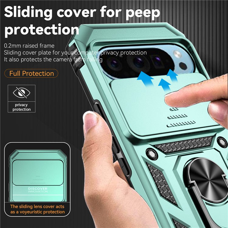 For Google Pixel 9 / 9 Pro Case Camera Protection PC+TPU Phone Cover with Kickstand - Blackish Green
