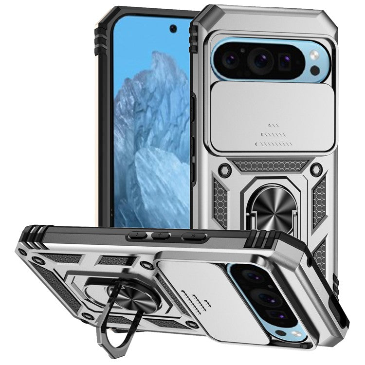 For Google Pixel 9 / 9 Pro Case Camera Protection PC+TPU Phone Cover with Kickstand - Silver