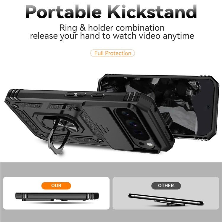 For Google Pixel 9 Pro XL Case Rugged PC+TPU Phone Protector with Slide Camera Cover / Kickstand - Black