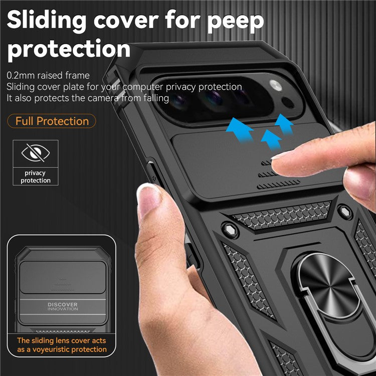 For Google Pixel 9 Pro XL Case Rugged PC+TPU Phone Protector with Slide Camera Cover / Kickstand - Black