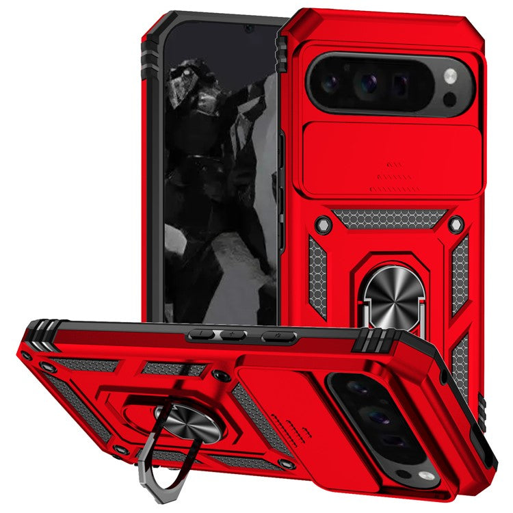 For Google Pixel 9 Pro XL Case Rugged PC+TPU Phone Protector with Slide Camera Cover / Kickstand - Red