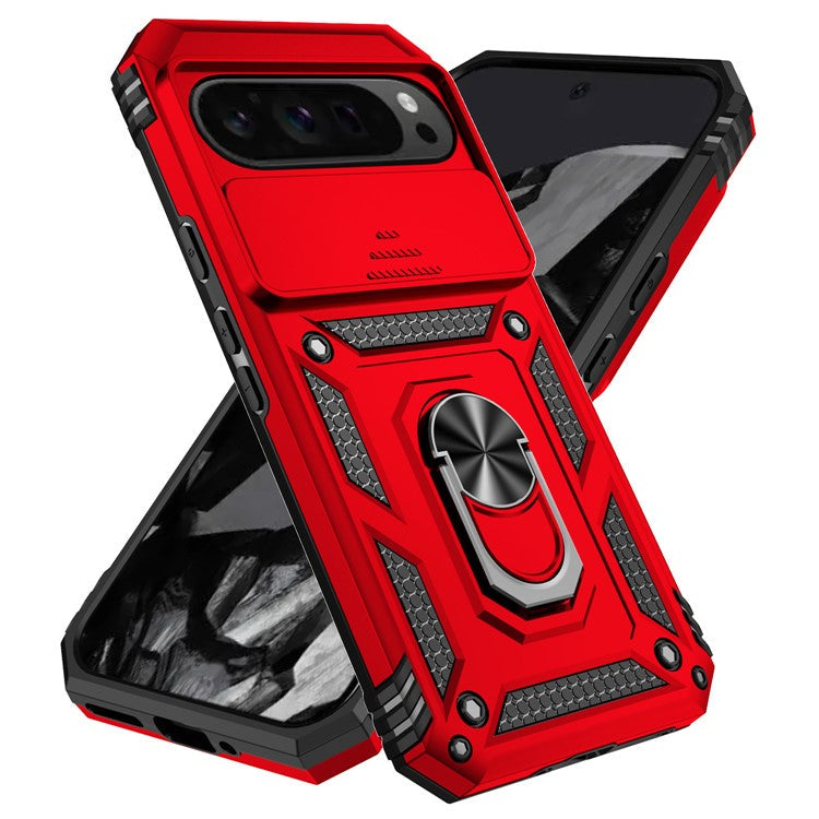 For Google Pixel 9 Pro XL Case Rugged PC+TPU Phone Protector with Slide Camera Cover / Kickstand - Red