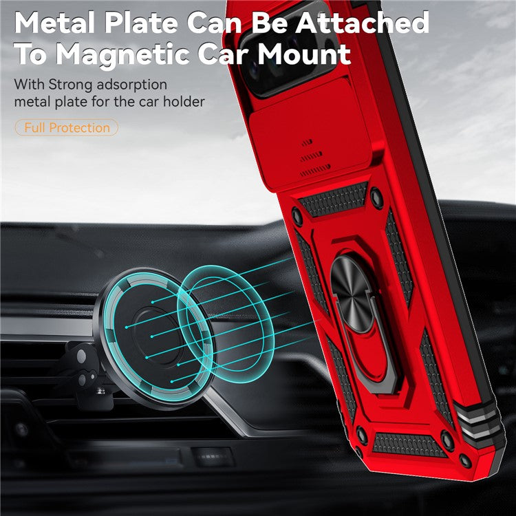 For Google Pixel 9 Pro XL Case Rugged PC+TPU Phone Protector with Slide Camera Cover / Kickstand - Red