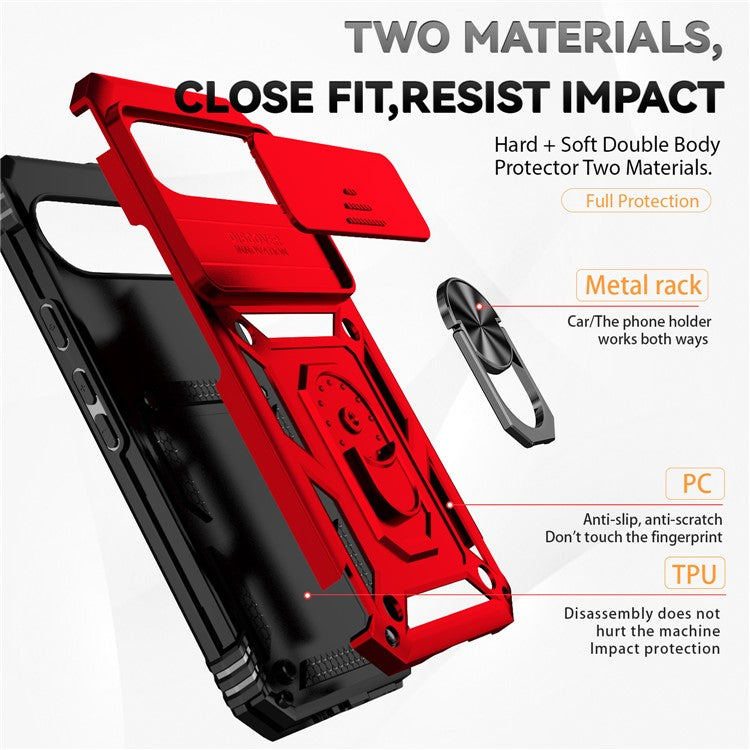 For Google Pixel 9 Pro XL Case Rugged PC+TPU Phone Protector with Slide Camera Cover / Kickstand - Red