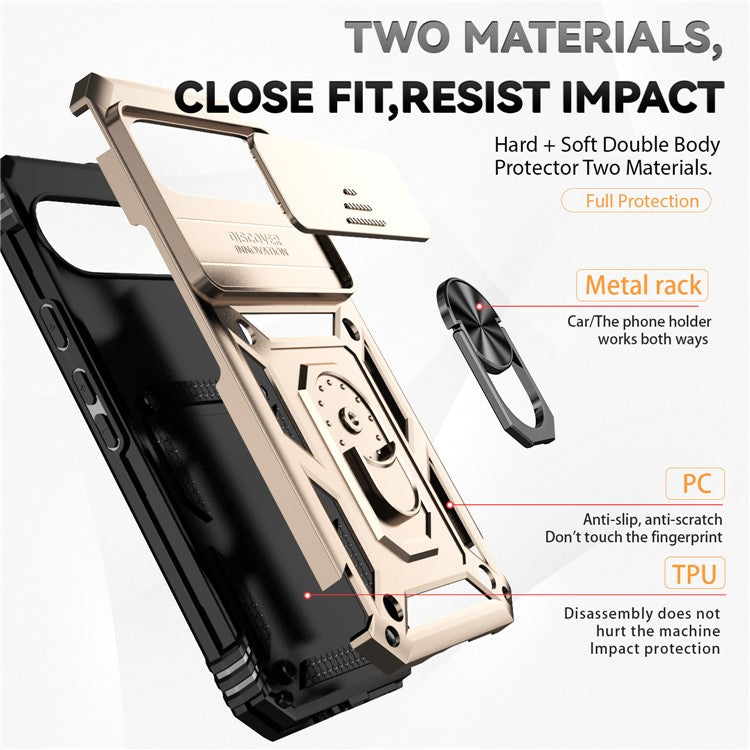 For Google Pixel 9 Pro XL Case Rugged PC+TPU Phone Protector with Slide Camera Cover / Kickstand - Gold
