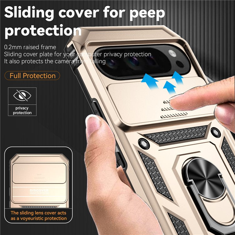 For Google Pixel 9 Pro XL Case Rugged PC+TPU Phone Protector with Slide Camera Cover / Kickstand - Gold