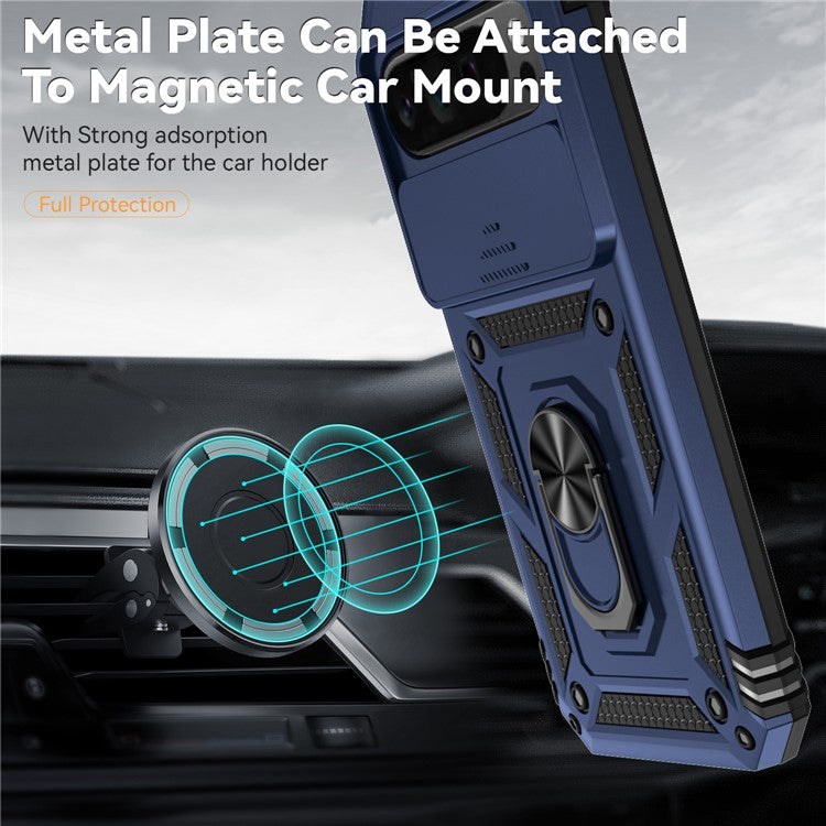 For Google Pixel 9 Pro XL Case Rugged PC+TPU Phone Protector with Slide Camera Cover / Kickstand - Blue