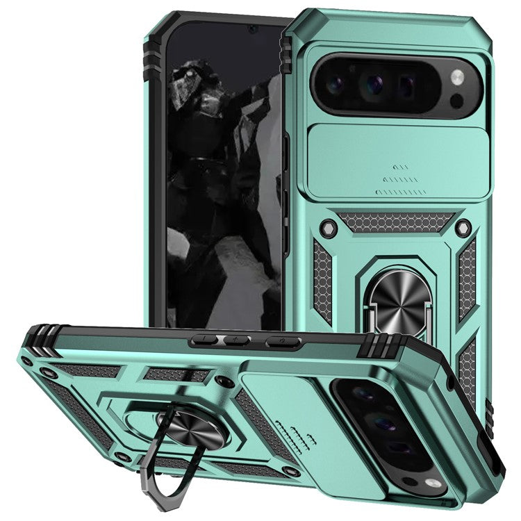 For Google Pixel 9 Pro XL Case Rugged PC+TPU Phone Protector with Slide Camera Cover / Kickstand - Blackish Green