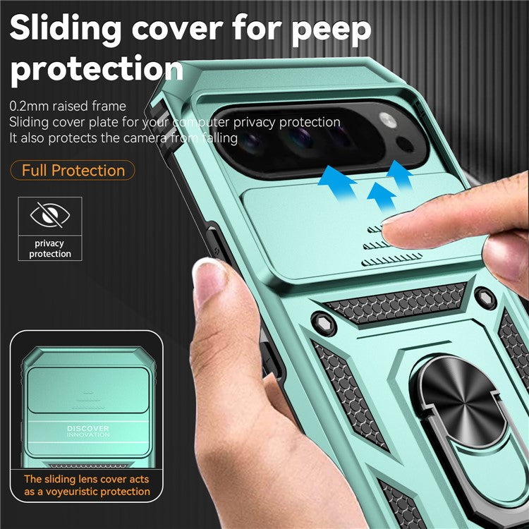 For Google Pixel 9 Pro XL Case Rugged PC+TPU Phone Protector with Slide Camera Cover / Kickstand - Blackish Green