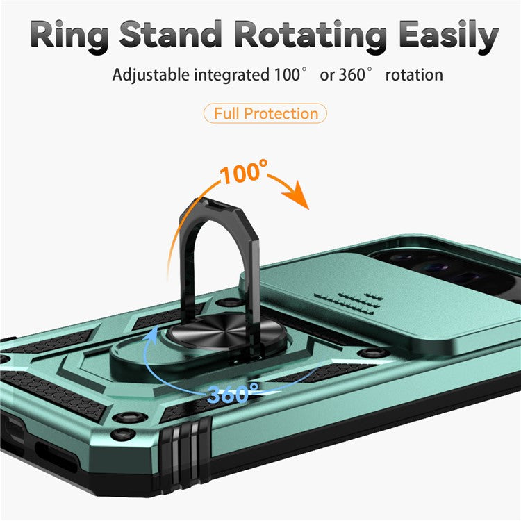 For Google Pixel 9 Pro XL Case Rugged PC+TPU Phone Protector with Slide Camera Cover / Kickstand - Blackish Green