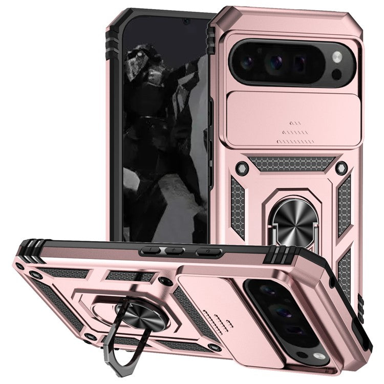 For Google Pixel 9 Pro XL Case Rugged PC+TPU Phone Protector with Slide Camera Cover / Kickstand - Rose Gold