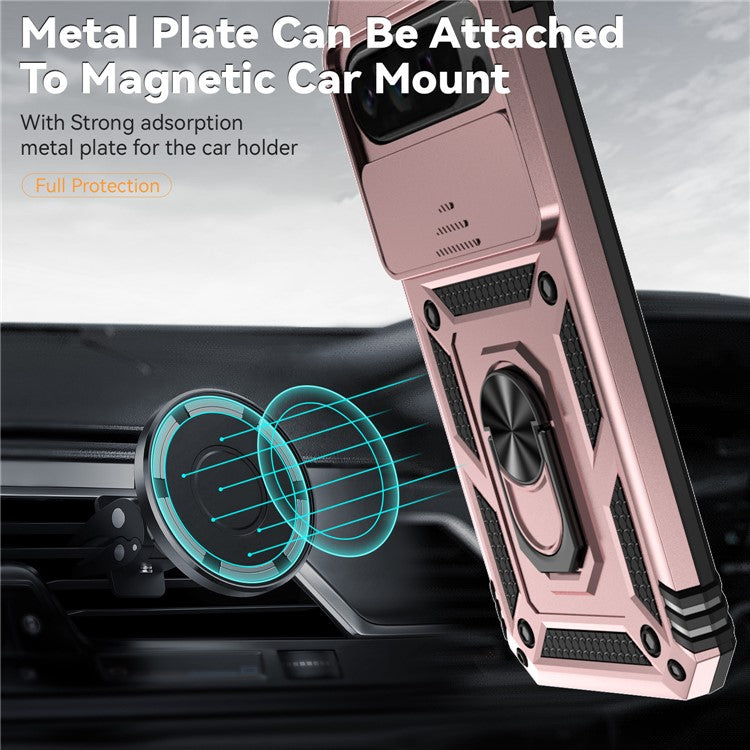 For Google Pixel 9 Pro XL Case Rugged PC+TPU Phone Protector with Slide Camera Cover / Kickstand - Rose Gold